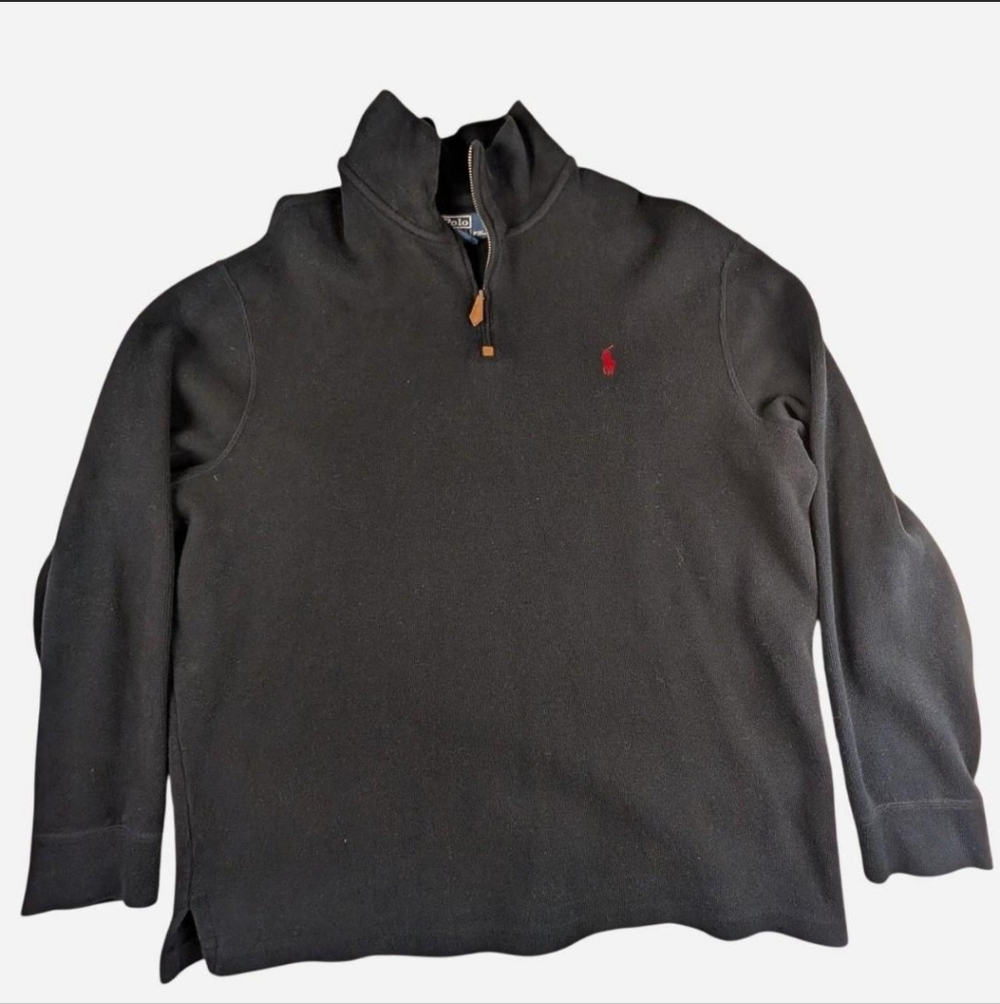 Polo Ralph‎ Lauren Men's Black Red Pony Cotton Quarter Zip Pullover Sweater XL